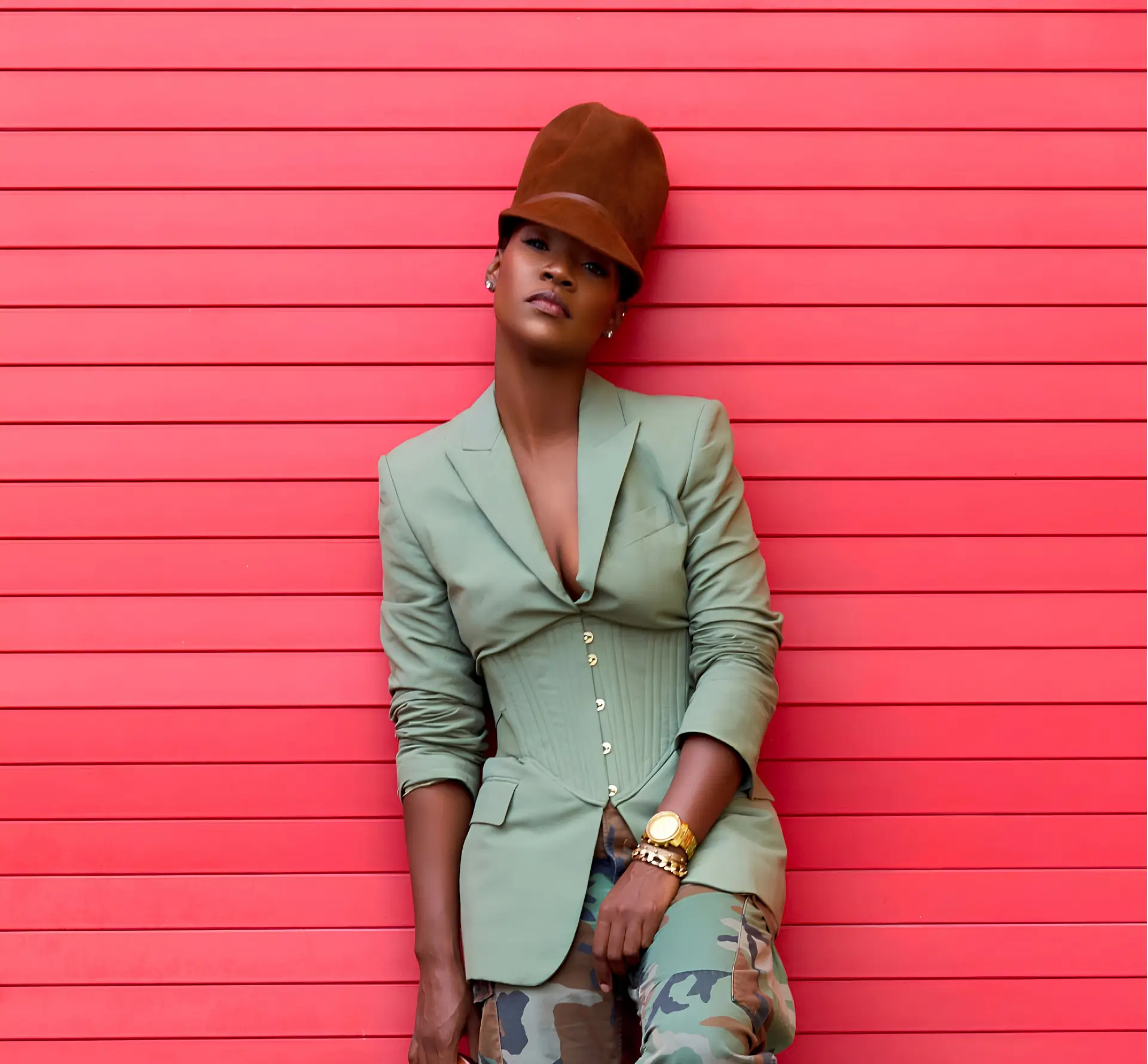 Toni Lowe in a sage suit and tall brown hat seated against a vivid red slatted wall