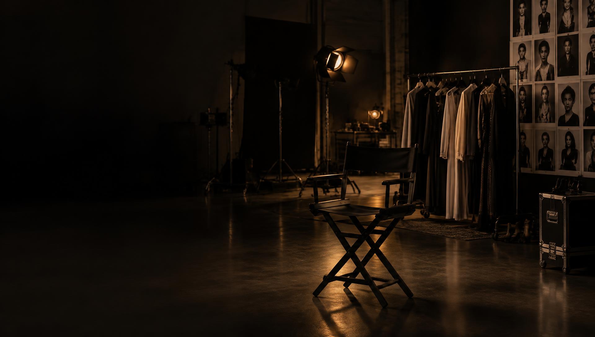 A cinematic fashion production studio with a director chair, wardrobe rack and casting wall