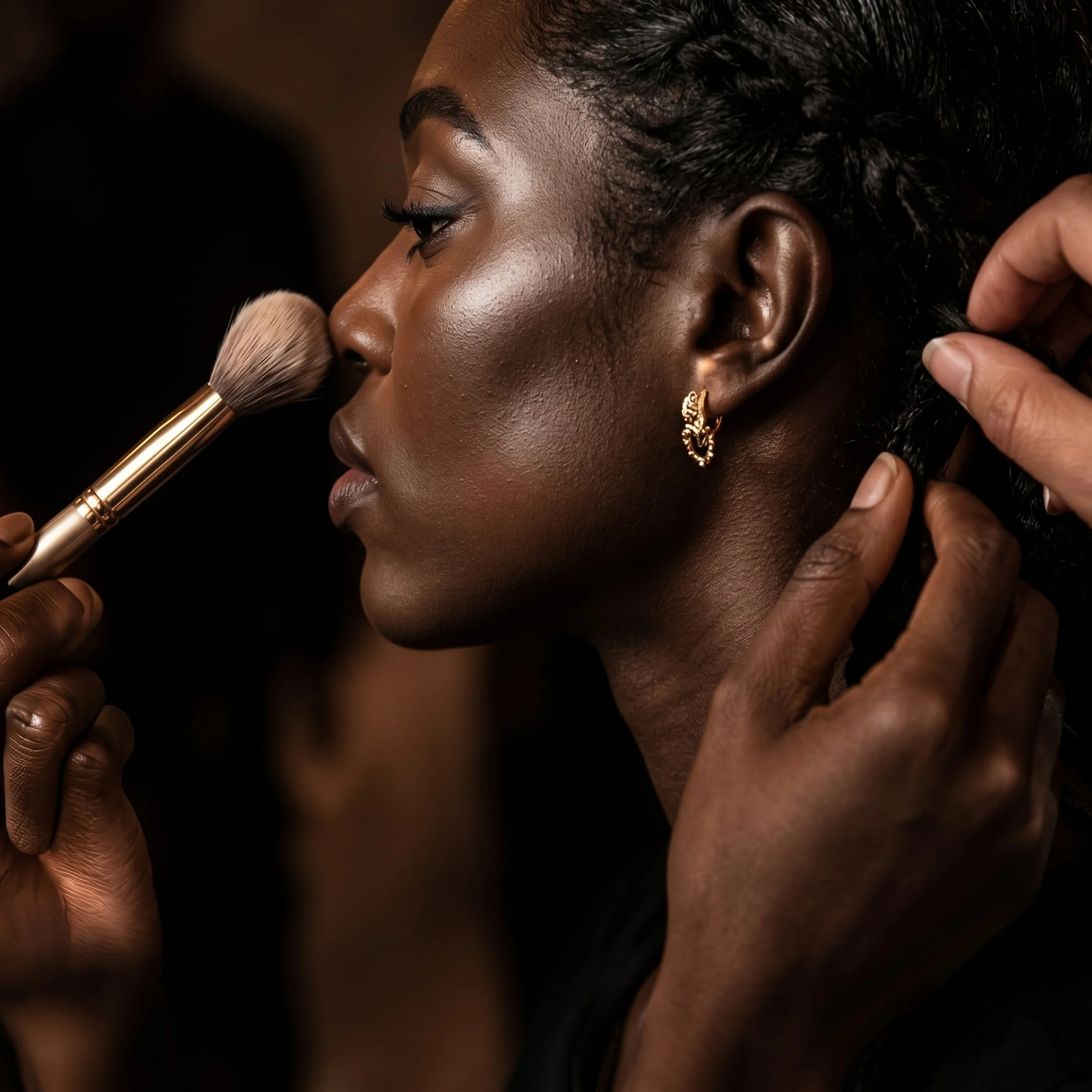 A model receiving finishing touches during beauty preparation